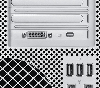 The Mac Pro's video card features two outputs, one DVI, the other a Mini DisplayPort.