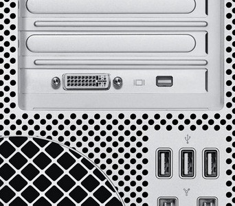 1600-MacPro8-22_rear The Mac Pro's video card features two outputs, one DVI, the other a Mini DisplayPort.